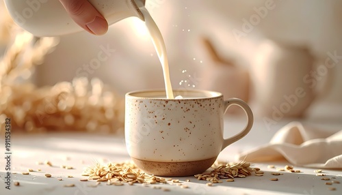 Hand Pouring Creamy Oat Milk into a Rustic Ceramic Mug, Surrounded by Rolled Oats in Soft Morning Light.