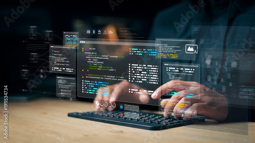 Developer using AI-powered code generation interface on virtual screen with programming scripts, data panels, and automation system. Concept of artificial intelligence software development.