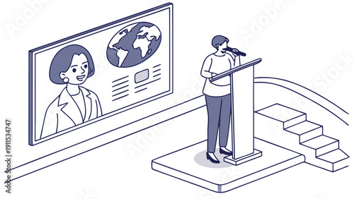 Woman Giving Presentation: A woman stands confidently at a podium, delivering a presentation with the backdrop of an information screen and a graphic of globe and another woman.
