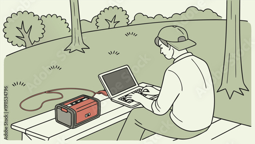 Digital Nomad at Work: A modern individual, engrossed in their work on a laptop, finds a peaceful outdoor workspace for remote work using generator.