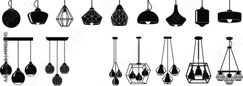 flat vector illustration of modern pendant light silhouettes set including industrial hanging lamps chandeliers ceiling fixtures and minimalist home interior decor lighting equipment isolated