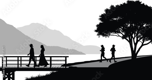 Flat vector illustration of park silhouette featuring people walking on a bridge joggers running by a lake with mountain background and large tree in scenic landscape