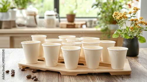 Wallpaper Mural Compostable paper coffee cups, thoughtfully arranged on a natural wooden tray, with a gently blurred background creating a warm, inviting indoor setting for sustainable beverage choices. Torontodigital.ca