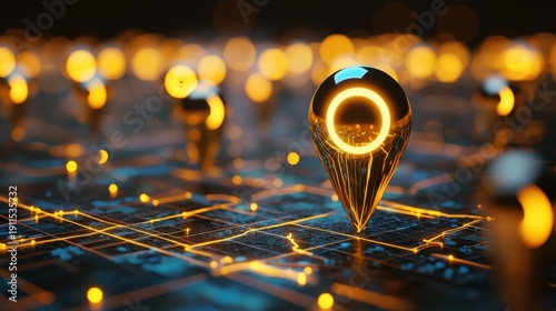 Futuristic Map Pin on Digital Circuit Background