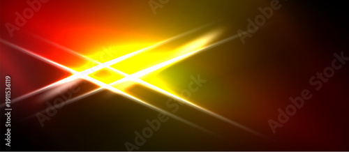 Bright abstract lines intersect. Yellow, orange, red hues dominate dark background. Dynamic energy radiates from central point.