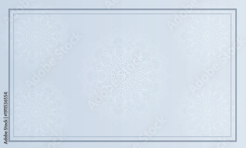 Soft Blue Mandala Floral Background with Double Border Frame. Minimal, Elegant Design with Copy Space. Perfect for Invitations, Branding, Social Media and Luxury Stationery Templates.
