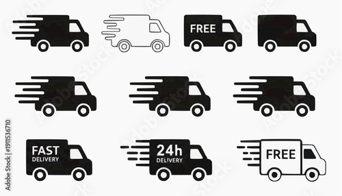 set of trucks Fast Delivery Icon Set – Free Shipping, Express 24 Hours Van and Truck Symbols Vector