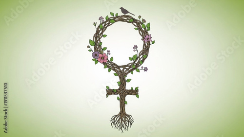 Female symbol with floral wreath and roots on green gradient background representing feminism and nature