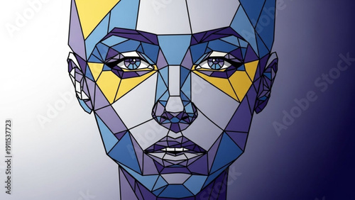 Geometric polygonal face illustration with blue purple and yellow hues on a gradient background