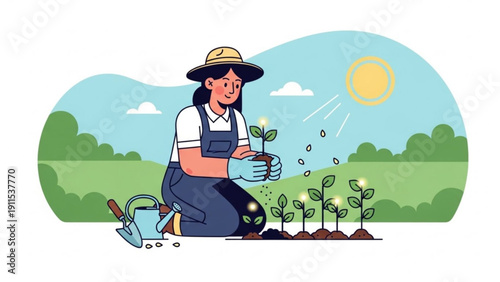Woman gardening outdoors planting seedlings in sunny green field with watering can