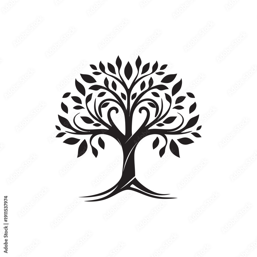 Fototapeta premium Elegant tree of life logo with swirling branches and lush leaves. Minimalist black silhouette isolated on white, symbolizing growth, nature, heritage, and environmental wellness.