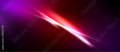 Abstract vibrant light streaks cross dark background. Red, purple hues blend creating dynamic visual effect. Smooth gradients dominate composition.