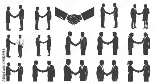 Silhouettes of people shaking hands in business agreement.