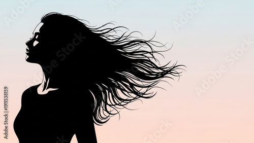 Silhouette of a woman with long hair blowing in the wind against a pastel sunset background with gradient colors