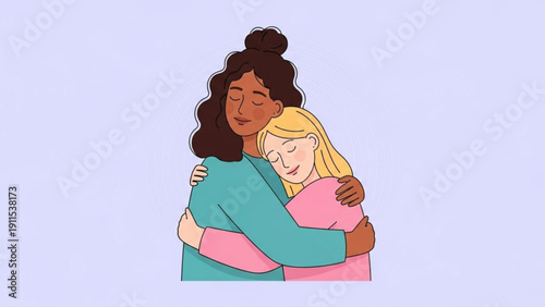 Two women hugging diverse friendship love and support concept illustration of a dark skinned woman and a light skinned woman embracing symbolizing care and compassion