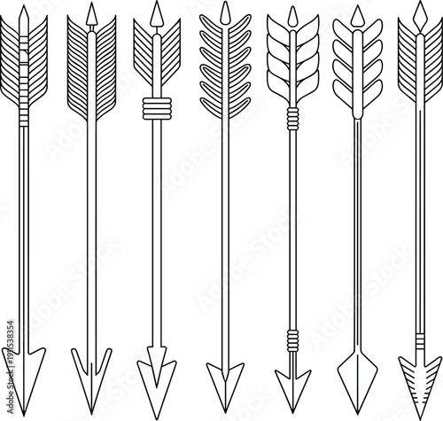 Set of seven different arrowheads with various and patterns