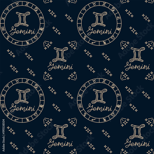 Seamless gemini zodiac pattern with constellation, horoscope circle and hand drawn lettering on dark background. Concept of astrology sign, mystic symbol, celestial map and cosmic horoscope design
