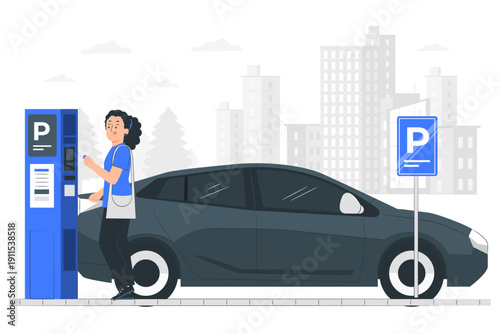 Woman paying at electric parking meter for luxury car in urban city night setting