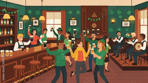 People dancing and drinking at a traditional irish pub with live music and a festive atmosphere on st patrick's day