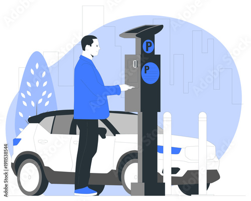 Man paying at modern electric car parking meter with blue parking sign urban cityscape