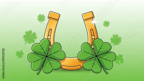 Golden horseshoe adorned with green four leaf clovers on a gradient green background symbolizing good luck and fortune