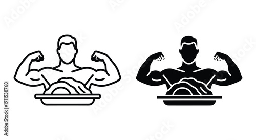 Muscular male bodybuilder flexing biceps black white minimalist fitness strength workout illustration
