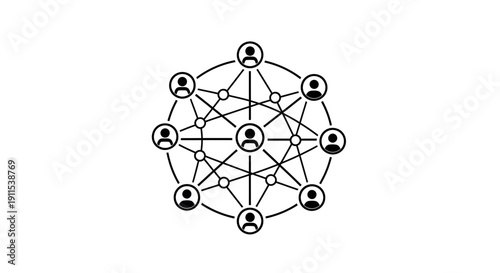 Network of connected people icons in a circular pattern representing social connections and teamwork
