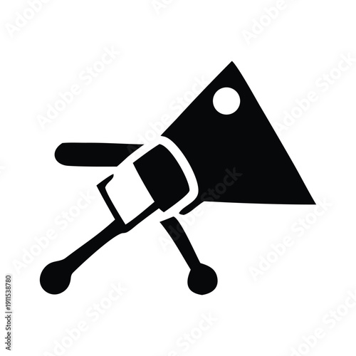 Illustration of a stylized cartoon-like character with a triangular head, ear, and body, holding a microphone and standing on two legs