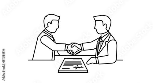 Businessmen shaking hands over a signed contract on a desk in a formal agreement