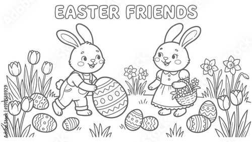 bunny painting easter egg and some flowers, coloring page ready to print on standard 8.5x11 inch paper. eps file.	
