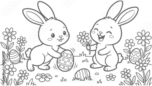 bunny painting easter egg and some flowers, coloring page ready to print on standard 8.5x11 inch paper. eps file.	
