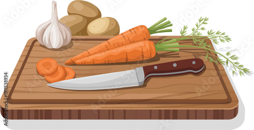 Fresh vegetables on rustic wooden cutting board with sharp knife in warm natural lighting for cooking blog
