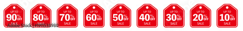タグ型形状の割引率表示ラベルセット（10%〜90% OFF）ポップデザイン