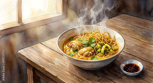Artistic watercolor illustration of thai khao soi noodle soup