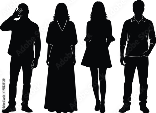 Collection of black silhouettes of men and women in casual and formal clothing for social gatherings, fashion lifestyle, and people