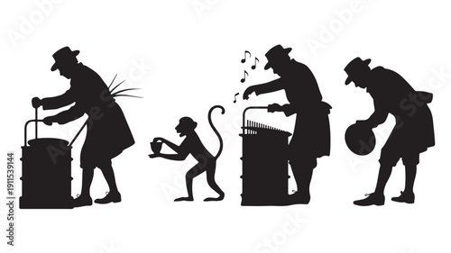 Vector Illustration Of Silhouette Of Four Characters Operating Musical Instruments For Entertainment And Performance Concept