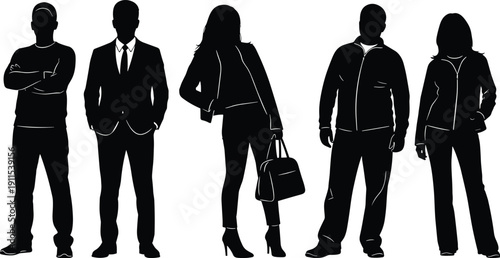 Collection of black silhouettes of men and women in casual and formal business attire for social lifestyle fashion and corporate