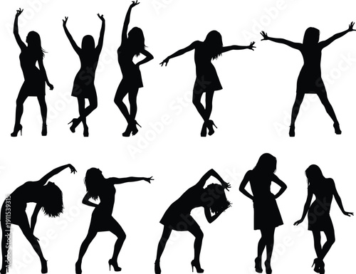 Collection of black silhouettes of women dancing and posing in stylish dresses for disco parties, nightlife events, clubbing, and celebrations
