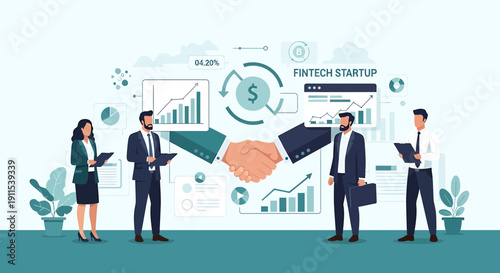 Business professionals shaking hands in front of fintech startup graphs and charts