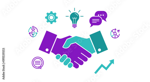 Business partnership handshake with agreement icons and growth symbols in purple and teal colors for corporate communication