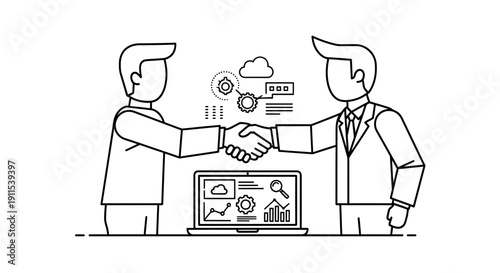 Businessmen shaking hands over a laptop with graphs and charts symbolizing partnership and data analysis in a professional setting