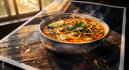 Watercolor painting of Thai khao soi curry noodle soup