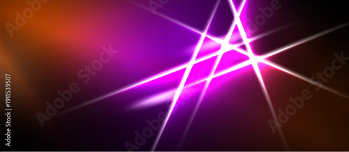 Abstract vibrant background. Bright pink light streaks intersect orange, purple hues. Dramatic energy radiates from central point.