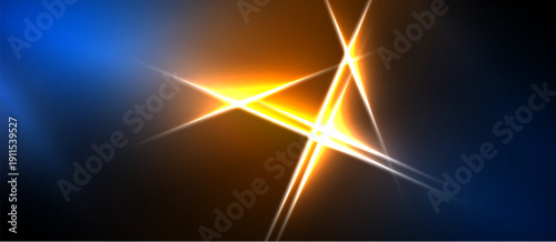 Bright light flares intersect. Blue, orange hues dominate dark background. Abstract energy radiates from central point. Vivid, dynamic composition.