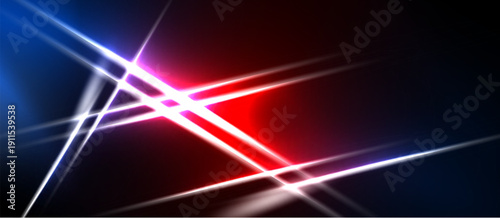 Abstract design features bright lines intersecting dark background. Red, blue, white colors create dynamic visual effect. Modern, energetic composition.