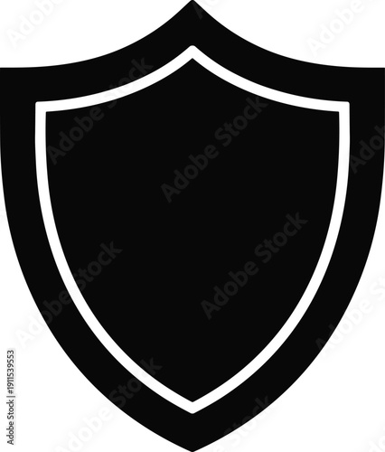 Black shield icon silhouette for security protection, data privacy, cyber defense, heraldic emblem, safety symbol, insurance logo, and web firewall graphics