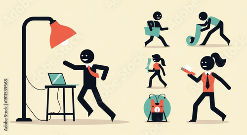 Stylized office worker runs from responsibilities juggling tasks and leisure activities