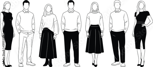 Minimalist vector line art and black silhouette illustration of diverse men and women in various business and casual outfits standing together