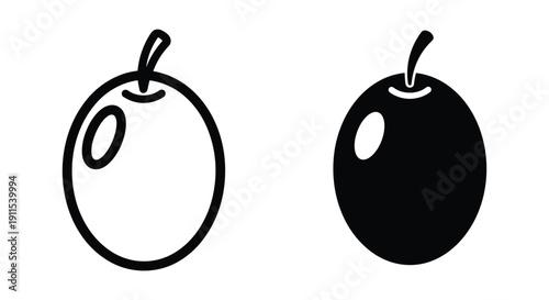 Black and White Fruit Icons, Plum or Cherry Illustration, Simple Design