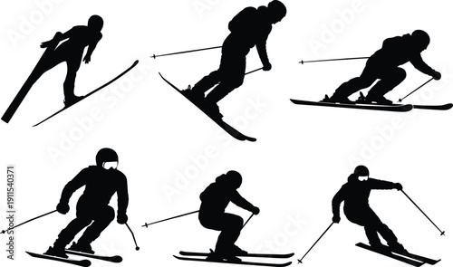 Winter Skiing Silhouettes Collection with Dynamic Action Poses